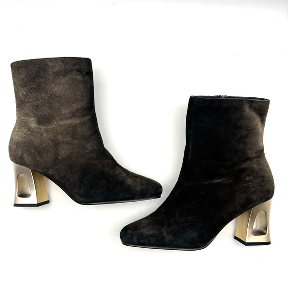 Vintage 80s Classique Black Brown Ombre Suede Cut-out Block Heel Zip Boot 8M - Picture 12 of 16